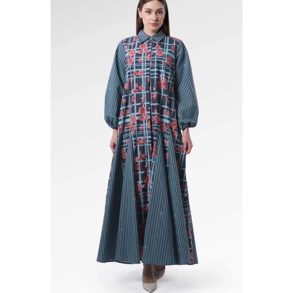 Benang Jarum Selena Godet Shirt Dress Navy Peony