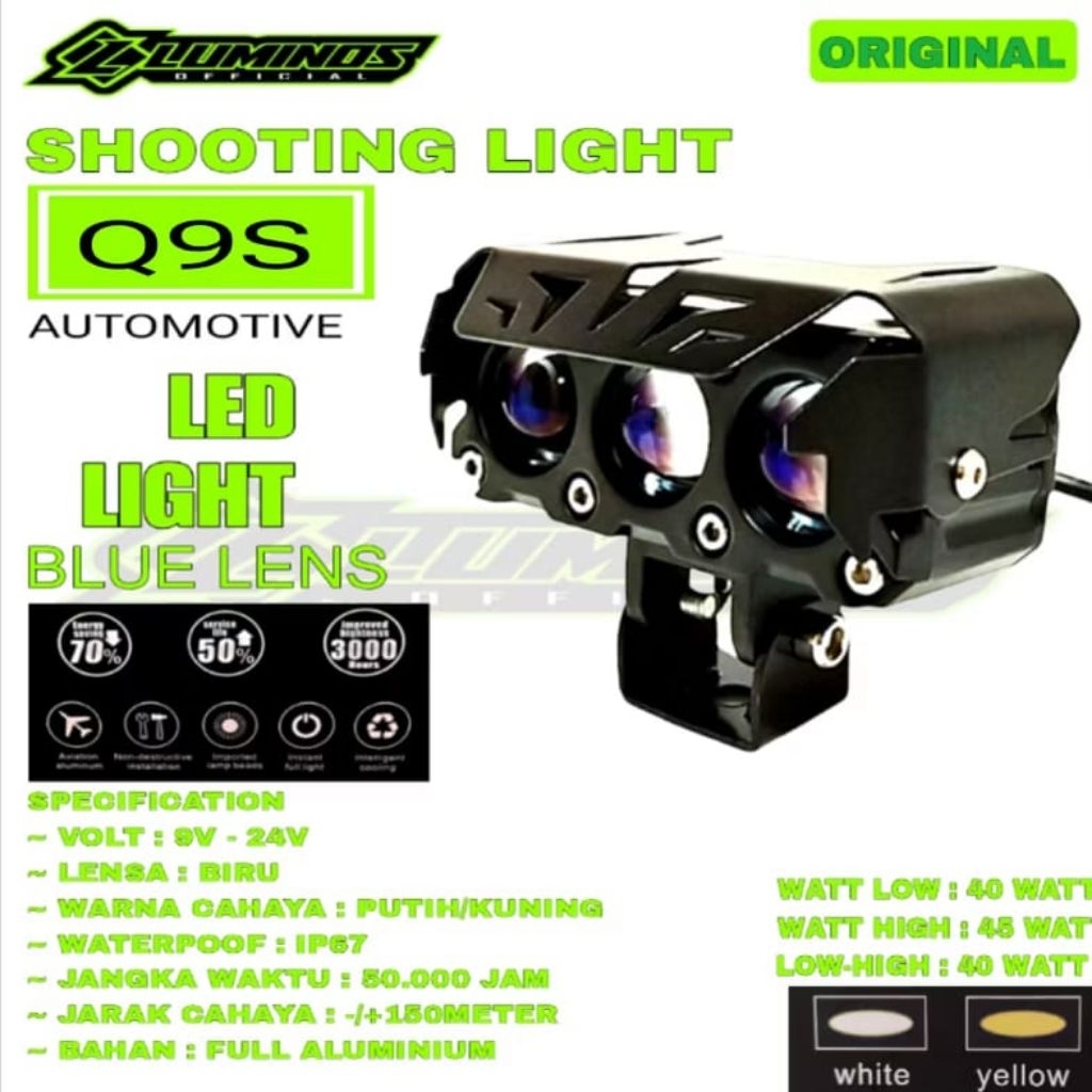 LAMPU SOROT 3 MATA BLUE LENS Q9S LUMINOS MOTOR-MOBIL