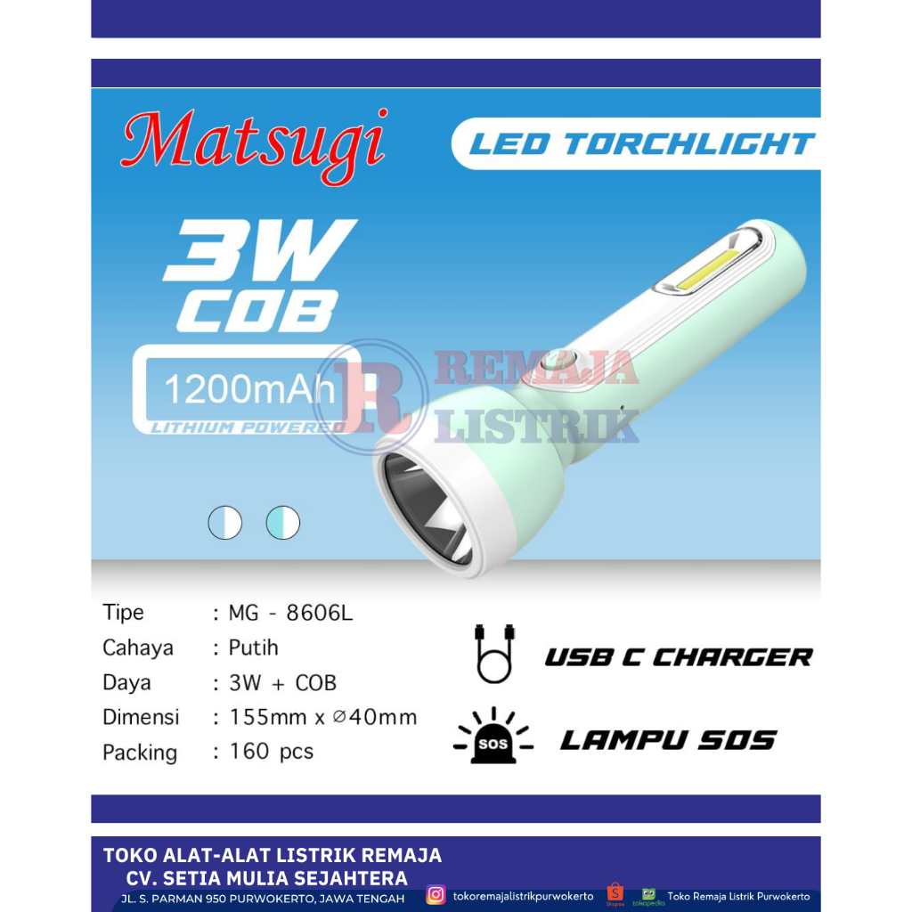 Senter Tangan LED 3W USB 1200 mAh Matsugi MG - 8606L