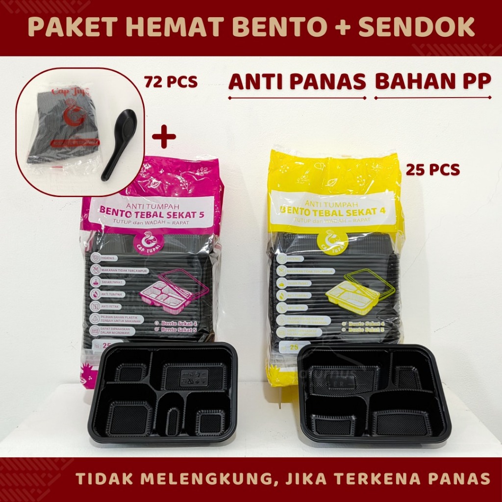 Paket Thinwall Bento TUPAI Hitam Sekat 4, Sekat 5 + Sendok Thinwall Bento Hitam / Kotak Bekal Hitam 