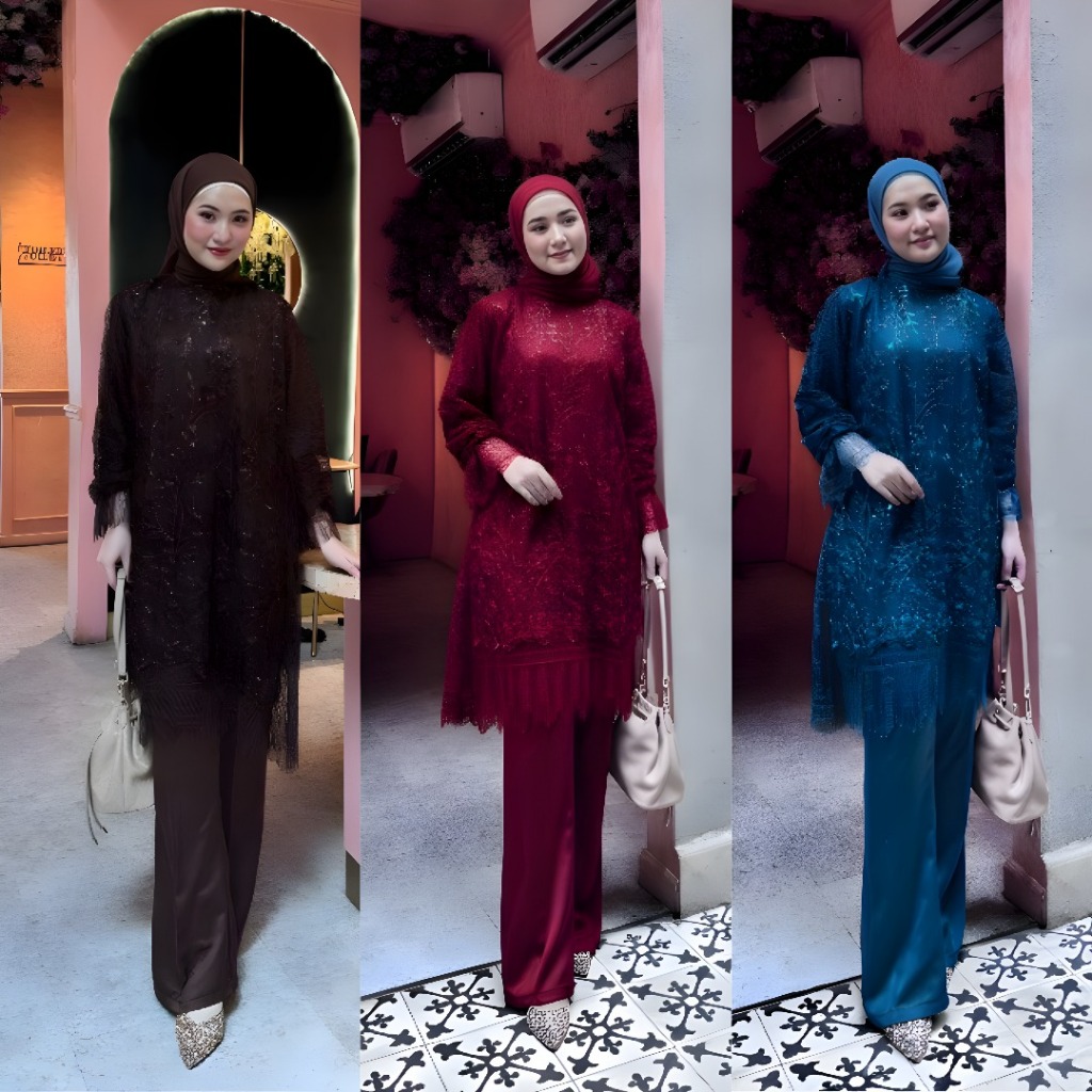 ONE SET TUNIK KONDANGAN SPESIAL PRICE BUSUI FRIENDLY SET BRUKAT 3IN1 SETELAN PESTA EMERALD MAHOGANY