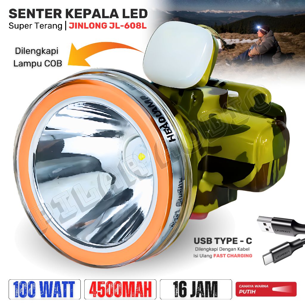Senter kepala Led 100W Jinlong JL-608L | Headlamp Outdoor Camping Cahaya Putih Super Terang Baterai 