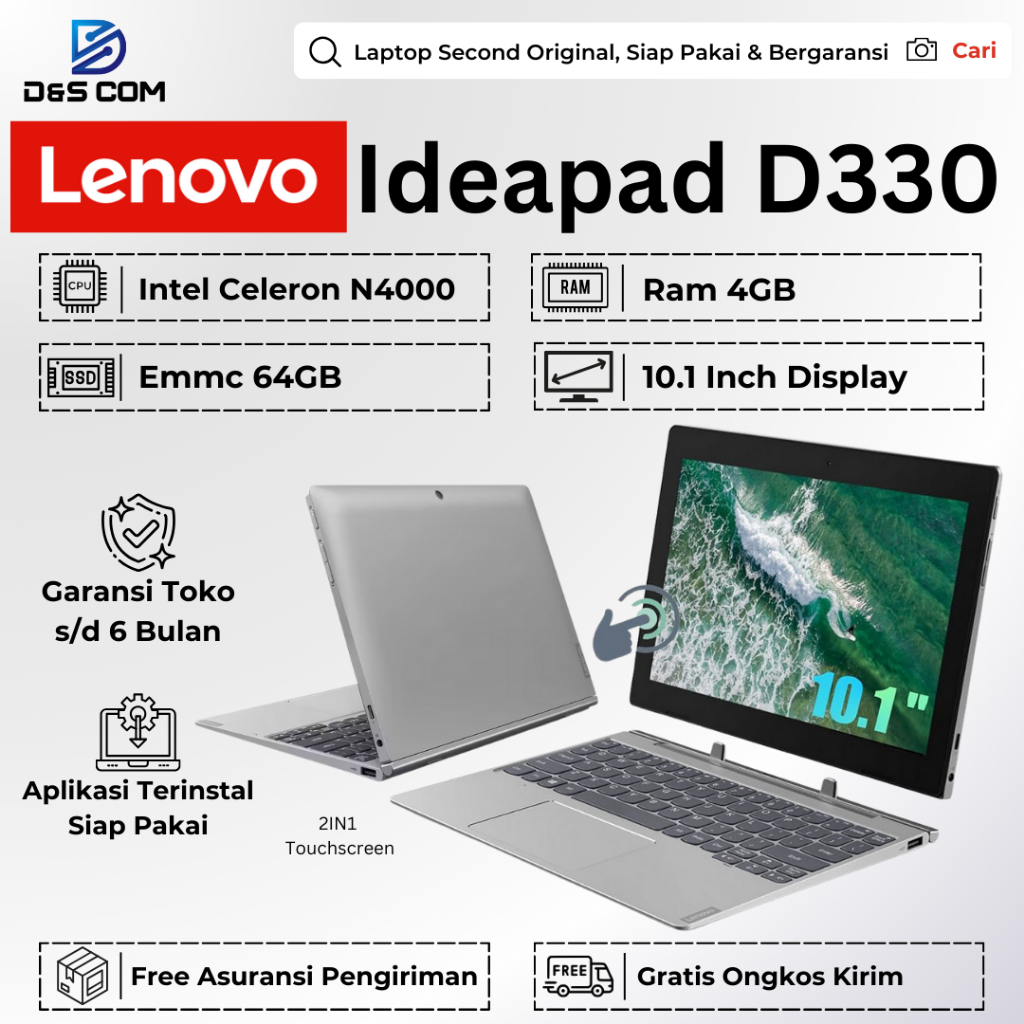 Lenovo Ideapad D330 N4000 4GB Emmc 64GB 2 in 1 Touchscreen Laptop Second Bergaransi Siap Pakai