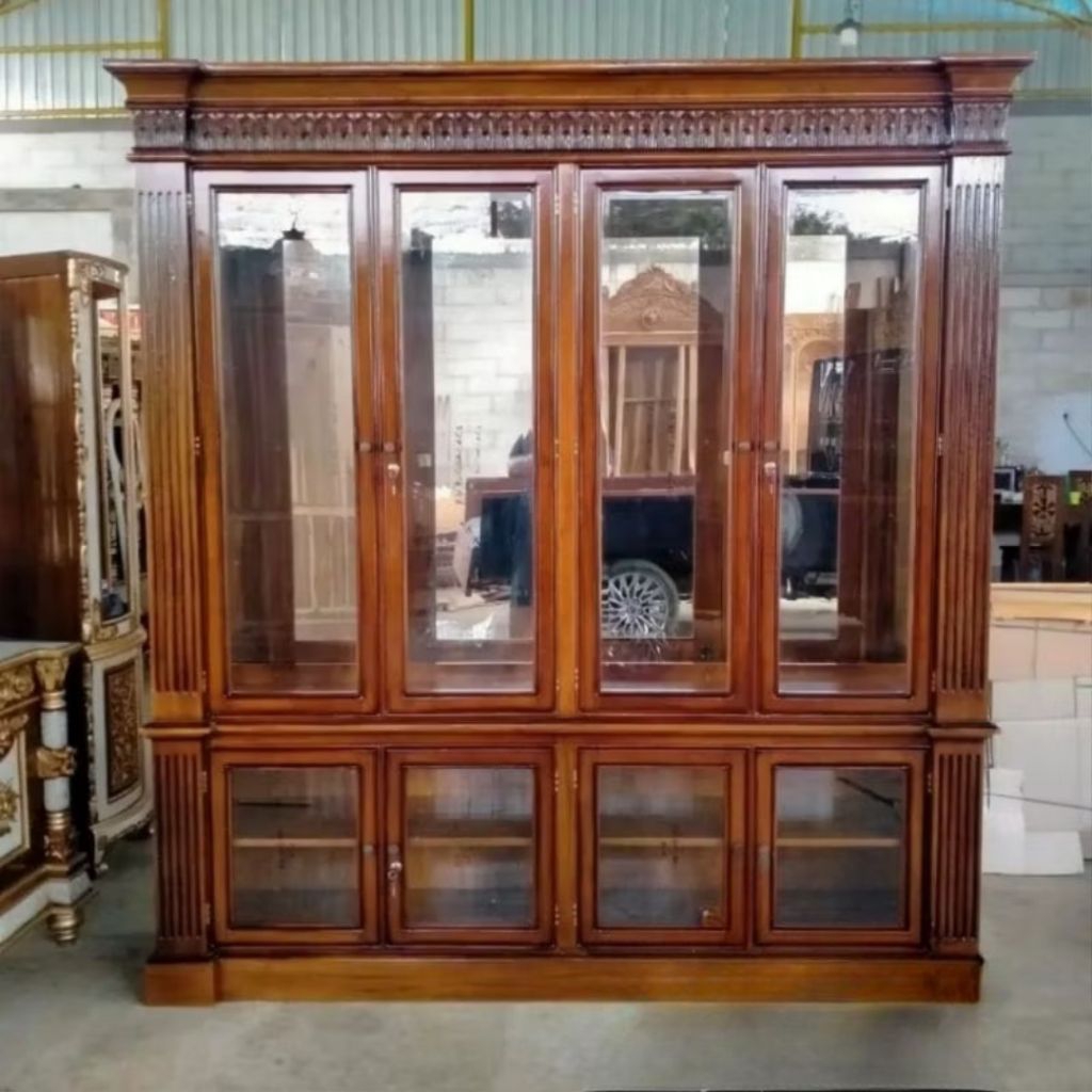 bufet hias full kaca/bufet kolibri jati pintu kaca/bufet pajangan kaca