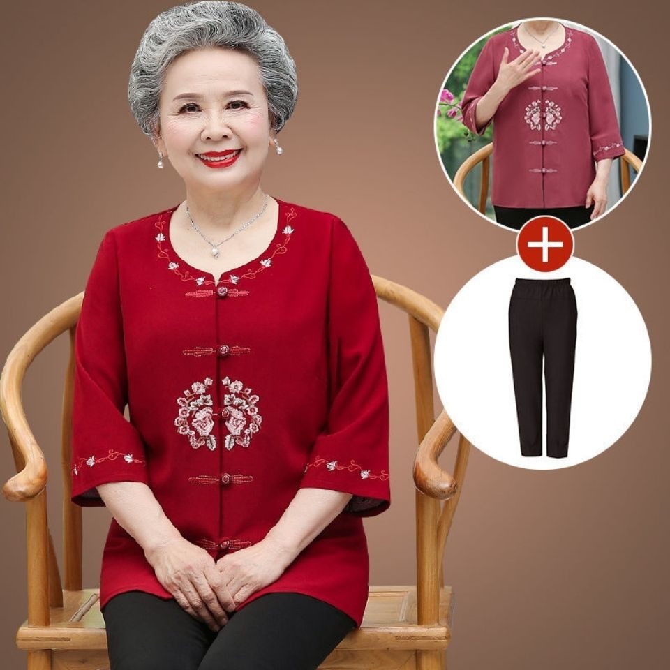 Baju Musim Panas Lansia Wanita Kemeja Lengan 3/4 Bahan Katun Warna Cerah Ukuran Besar Longgar untuk 
