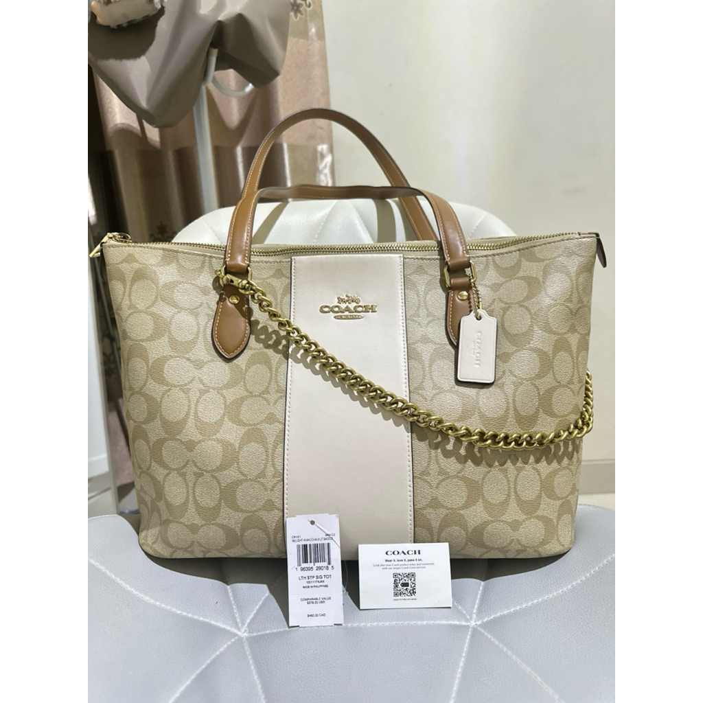 Coach Bag COACH Coated Canvas Leather Signature Gallery Stripe Zip Tote Bag, Light Khaki x Charlight