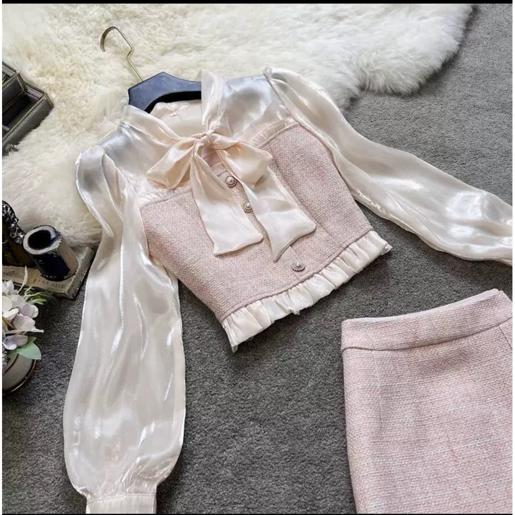 Nayeon lilac Tweed set soft lilac chiffon bow midi skir long sleeve blouse