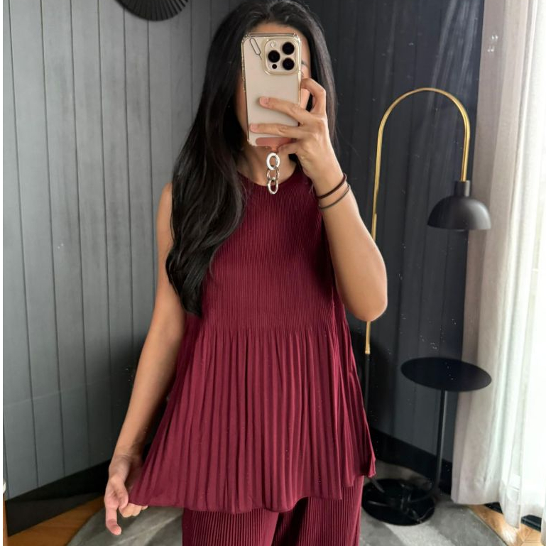 Atasan Plisket Lidi Wavy Tanpa Lengan / Baju Wanita / Baju Plisket / Pleatep Top