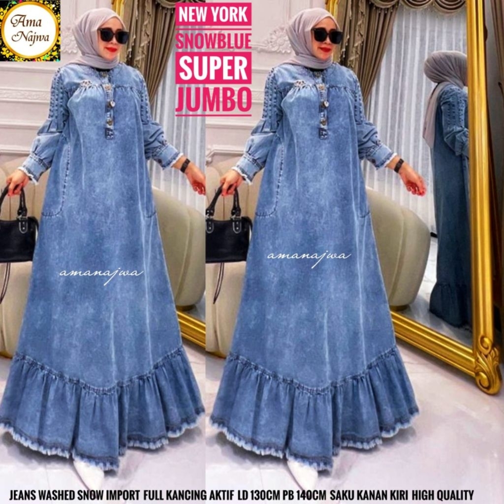 Gamis dress wanita NEW YORK SNOW BLUE bahan jeans washed snow import