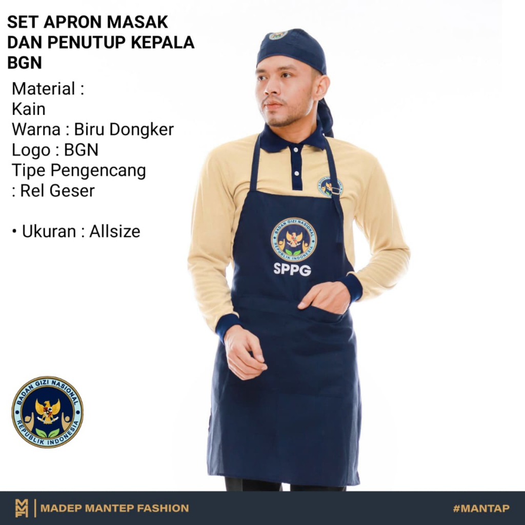 Perlengkapan BGN SPPG Terbaru Celmek Apron BGN SPPG Penutup Kepala BGN SPPG MBG Terbaru MMF