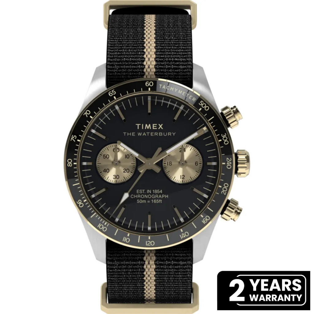 Jam Tangan Pria Timex The Waterbury Heritage Chronograph Black Dial Fabric Strap TW2Y35400V5 Origina