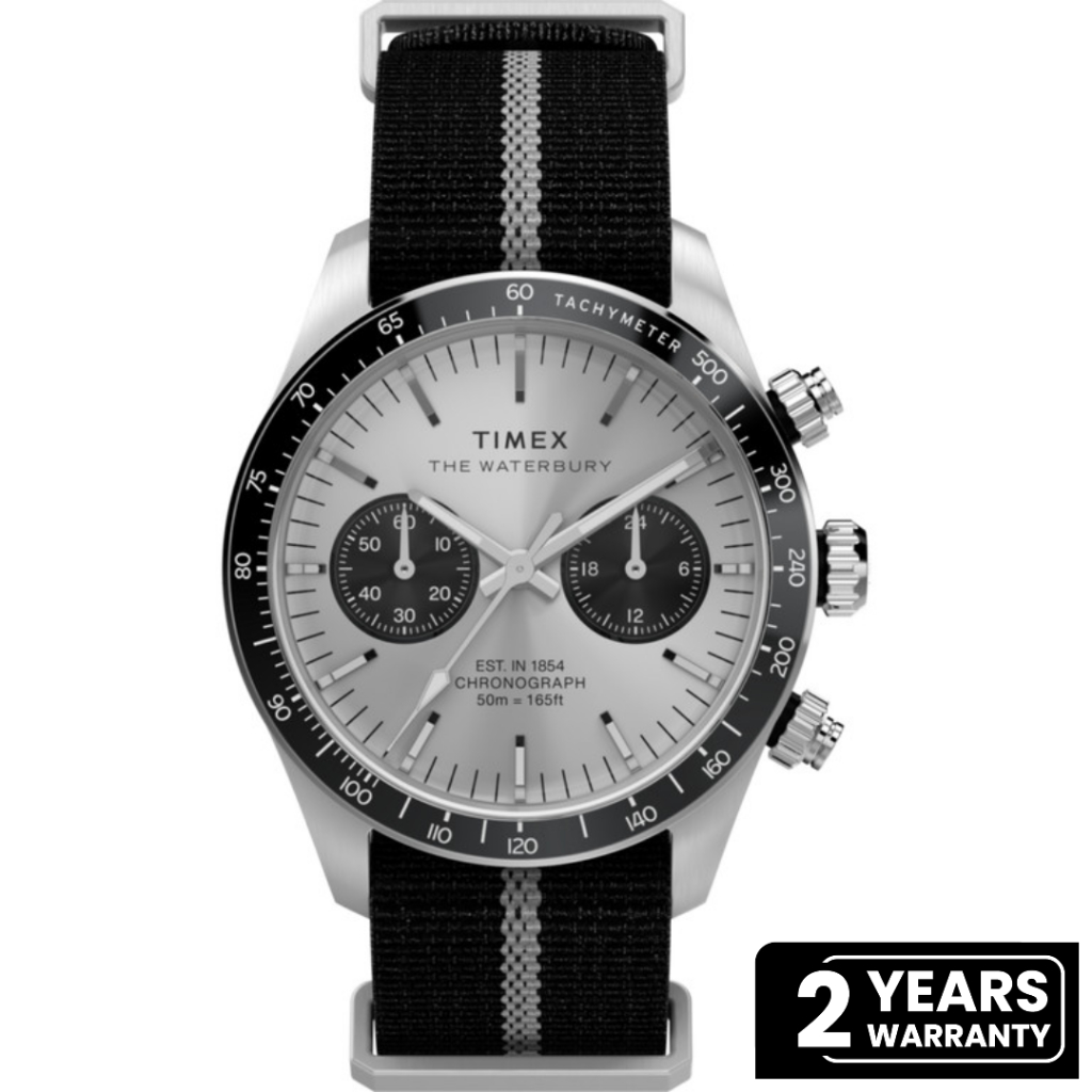 Jam Tangan Pria Timex The Waterbury Heritage Chronograph Silver Dial Fabric Strap TW2Y35500V5 Origin