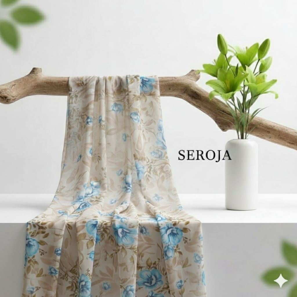 Kain Sifon Ceruty Motif Bunga Mawar Biru / Bahan Dress Gamis Jilbab Printing Rm