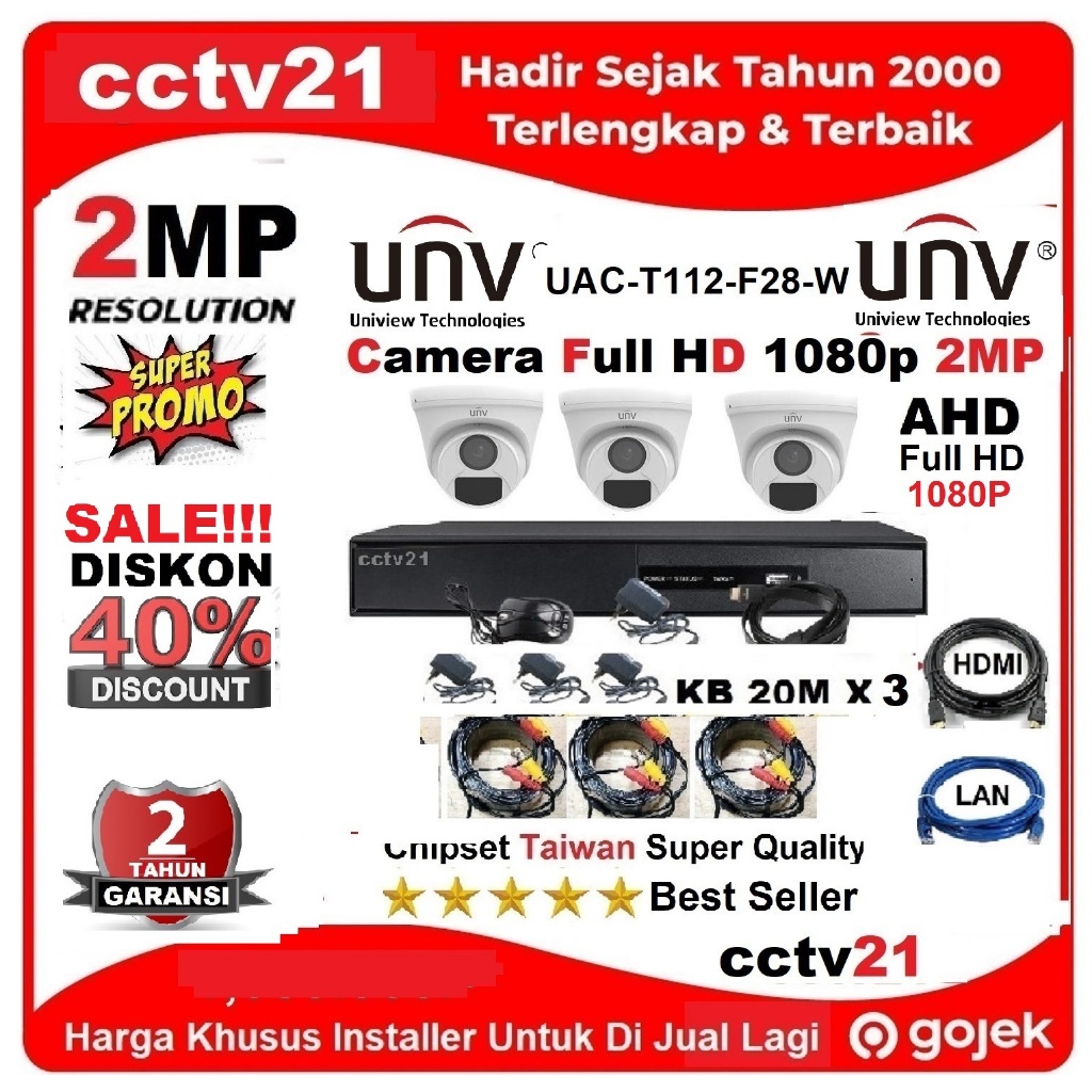 Paket 3 Camera cctv UNV 2MP+DVR+KB-60M+KB-HDMI+KB-Lan Harga Promo cctv21