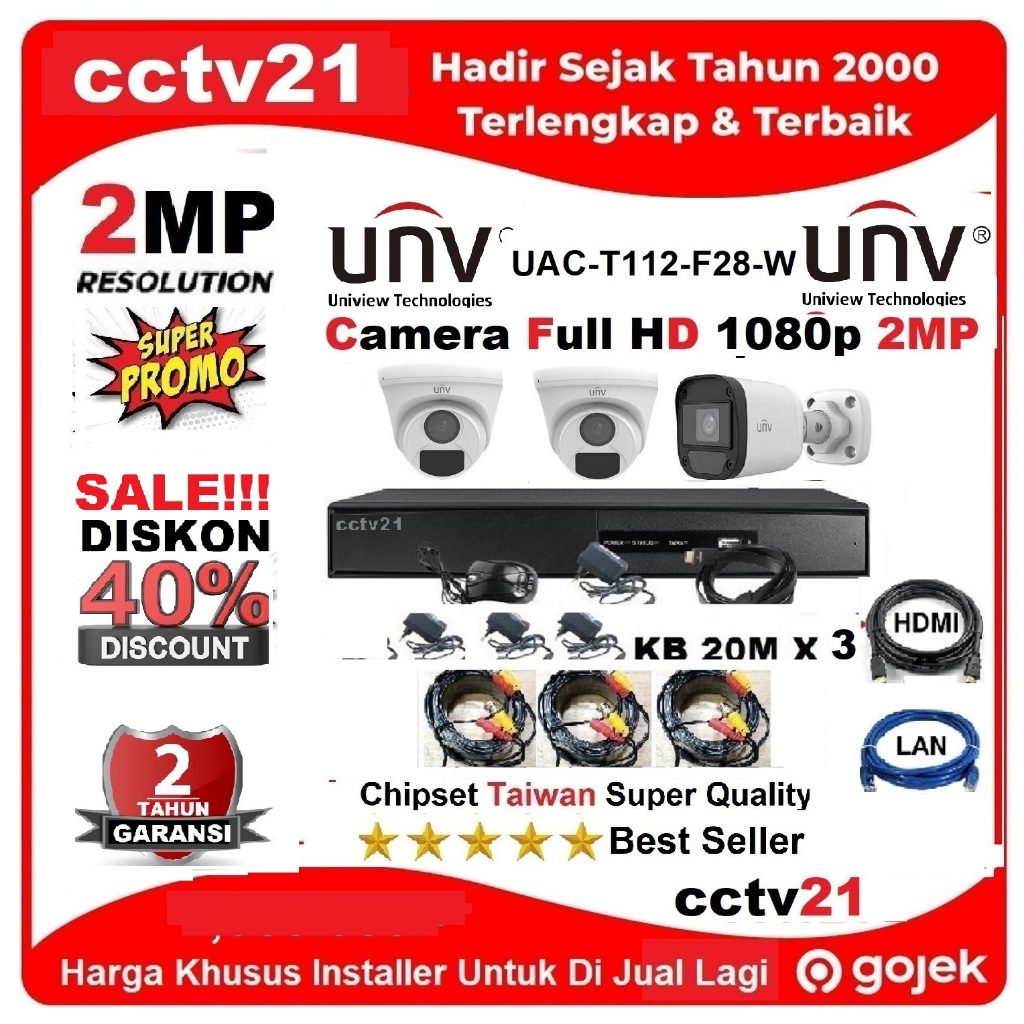Paket CCTV 3 Camera UNV Univew 2MP+DVR Free Kabel 60M HDTV+Lan Harga  Promo cctv21