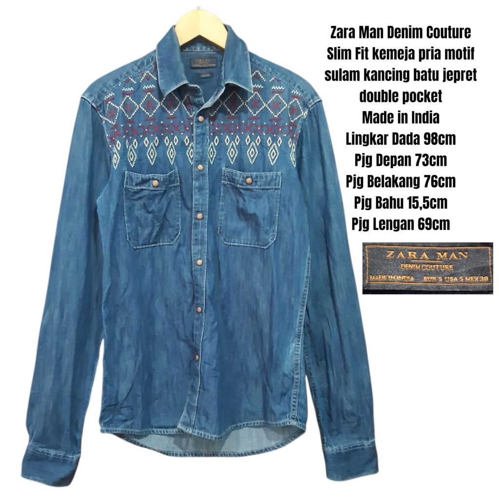 Zara Man Denim Couture Slim Fit kemeja pria motif sulam kancing batu jepret double pocket