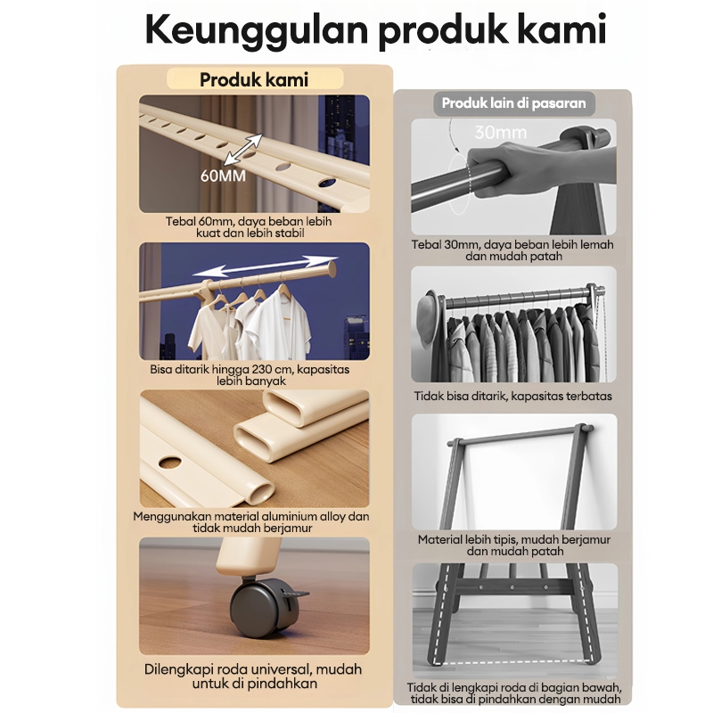 Jemuran Baju Lipat Aluminium Single Jemuran Pakaian Portable Den Roda Jemuran Baju Stainless