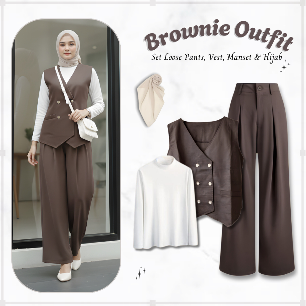 Brownie Outfit Lengan Panjang 4in1 | Oneset Evi Vest Rompi Wanita Korean Style + Celana Choco + Mans