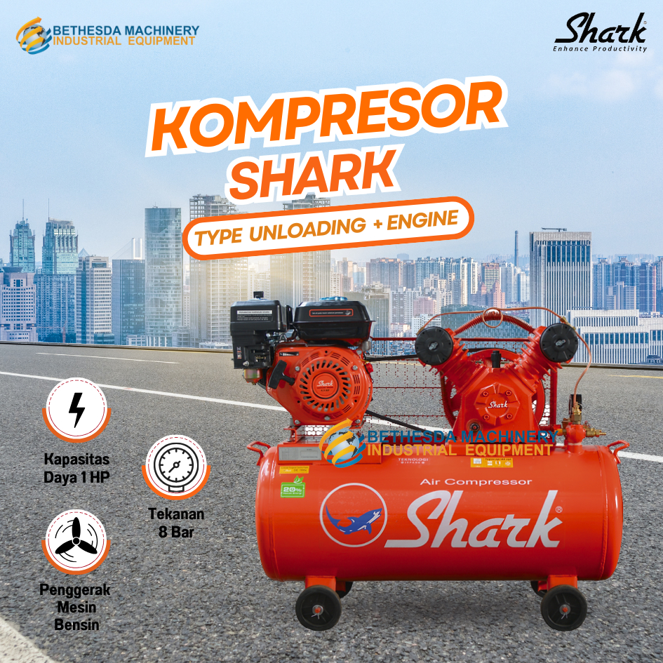 Shark Air compressor / Kompresor Bensin 1 hp 1pk Lengkap Shark SE 168s 6.5hp 7 Bar