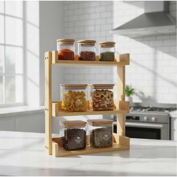 Rak Dapur Tempat Bumbu Susun 3 Tingkat Rak Kosmetik Serbaguna Rak Kayu Tingkat Minimalis