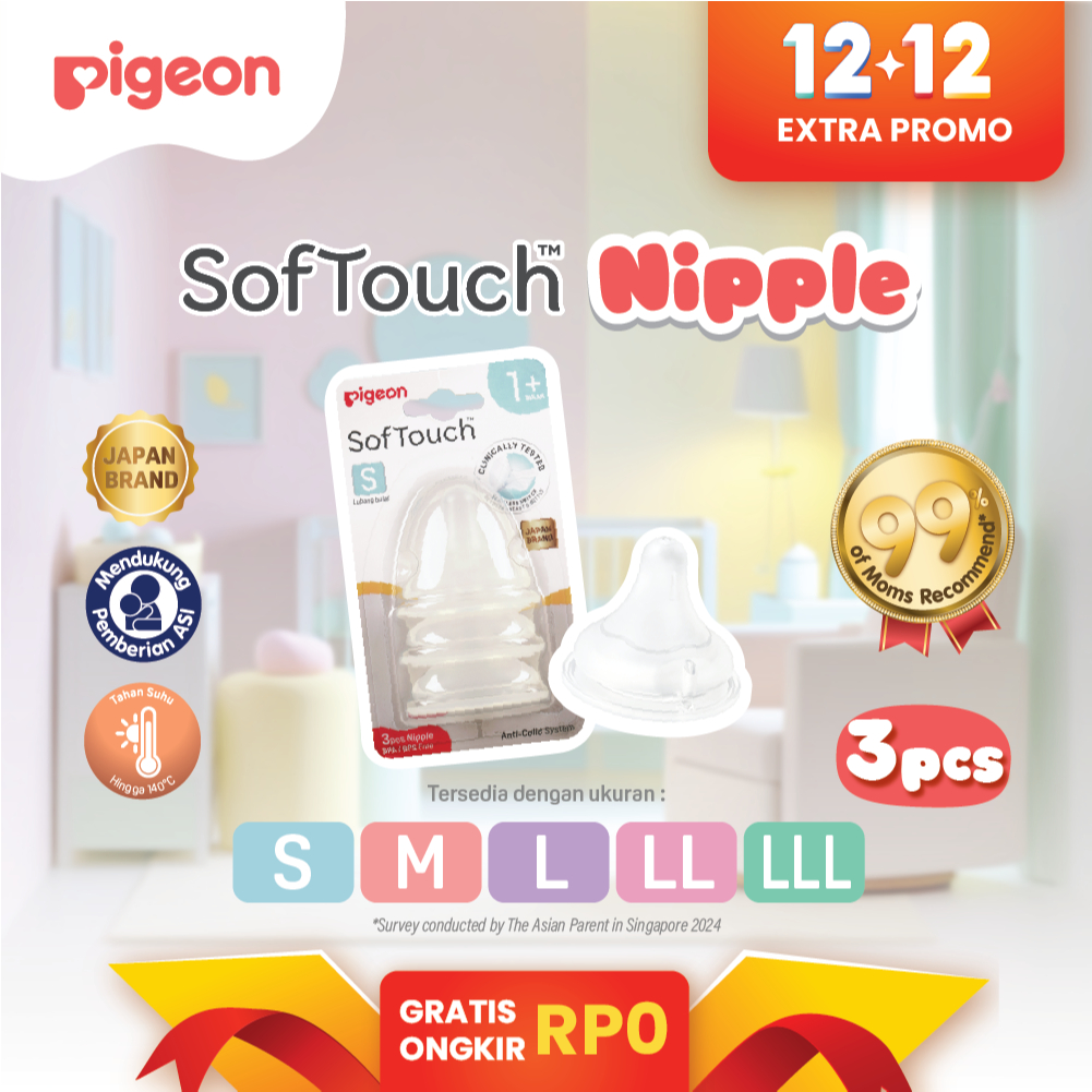 [PROMO 12.12] PIGEON SofTouch Nipple Dot Wide Neck - 3pcs Blister | Pilih Size | Dot Seperti Payudar