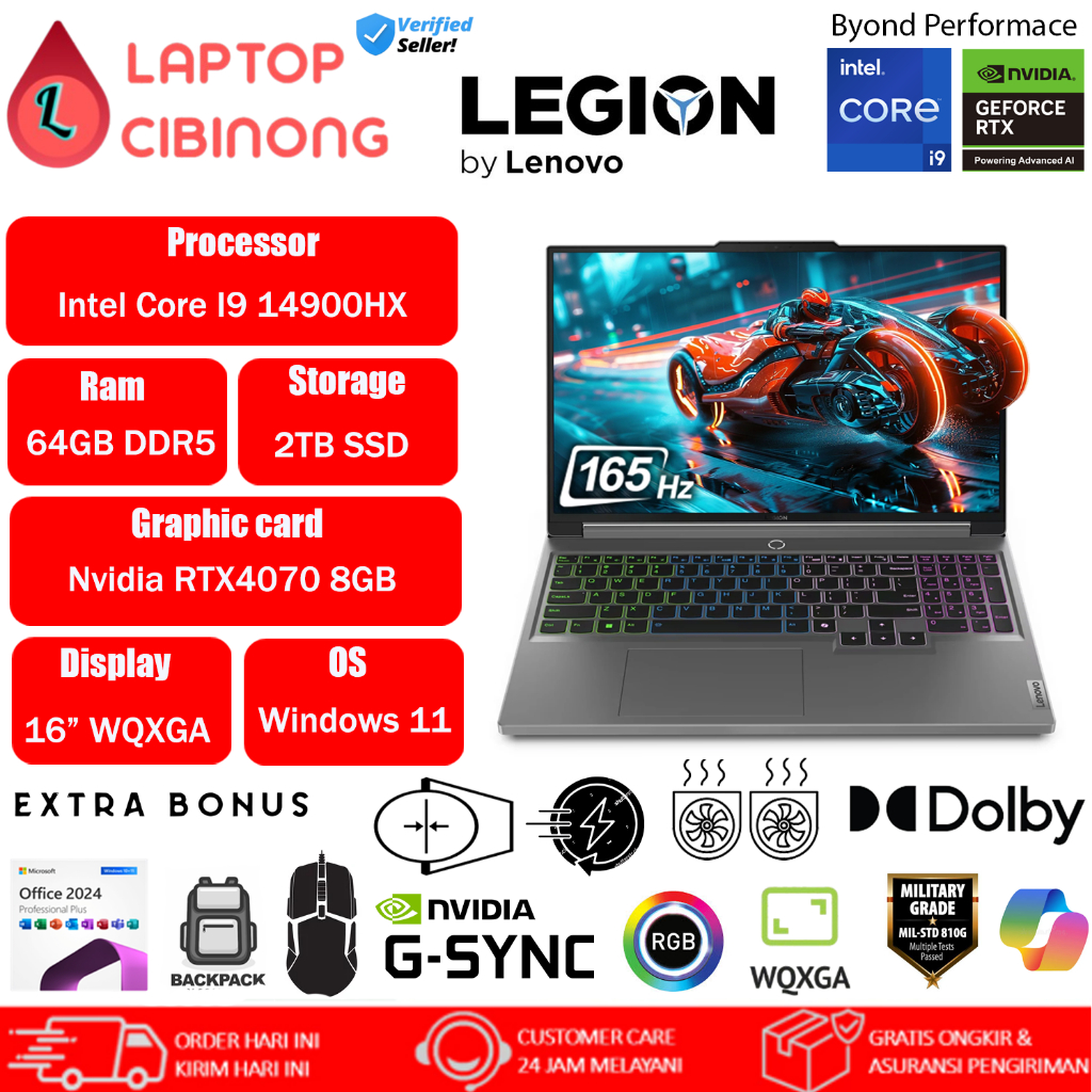 Lenovo Legion 5i 16IRX9 Intel Core i9 14900HX Nvidia RTX4070-8GB WQXGA 165hz RGB Luna Grey