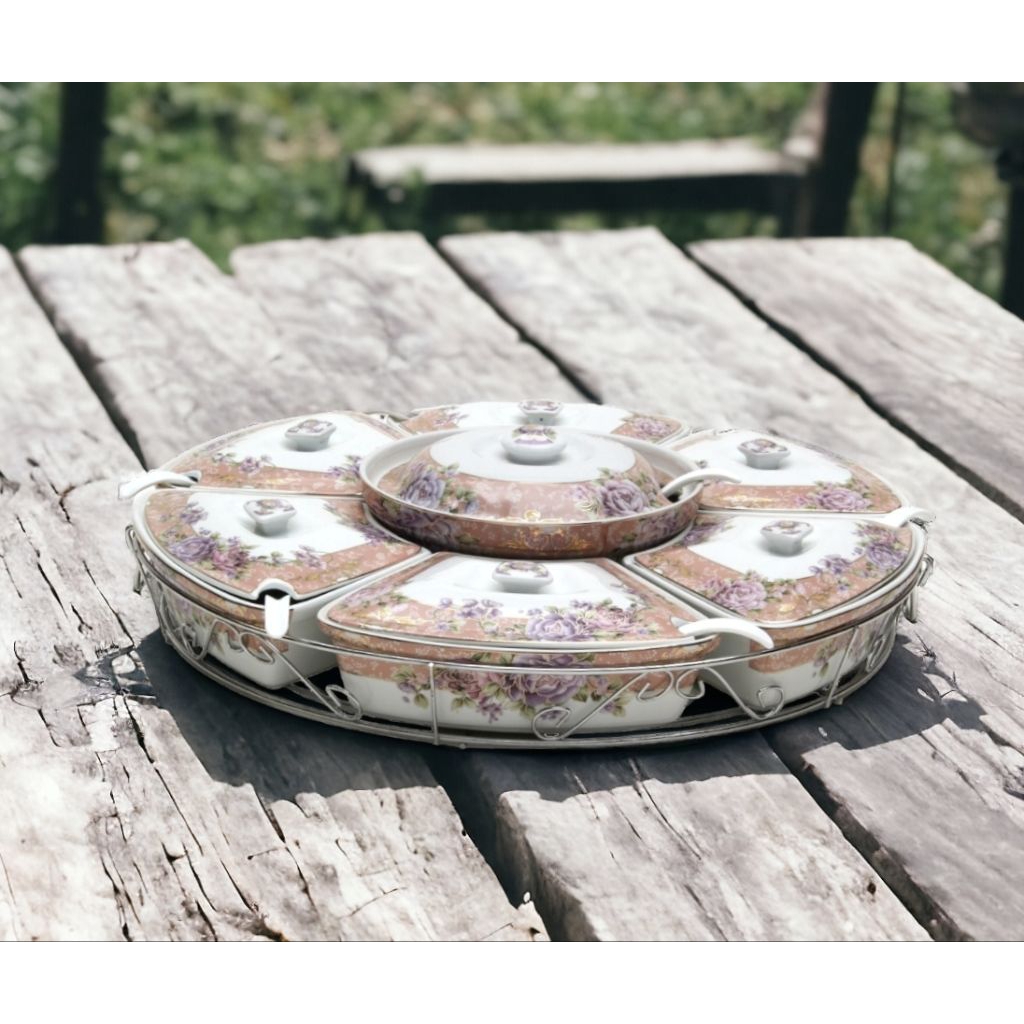 Wadah saji set Vicenza B412, prasmanan besar Magnolia dilengkapi penutup wadah makanan, 7 sendok ser