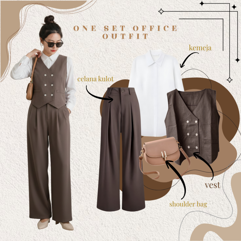 Keyra Set Outfit Yearbook ( Kemeja, Vest, Celana Kulot, Tas ) Setelan Kerja Oneset Hangout Wanita S0