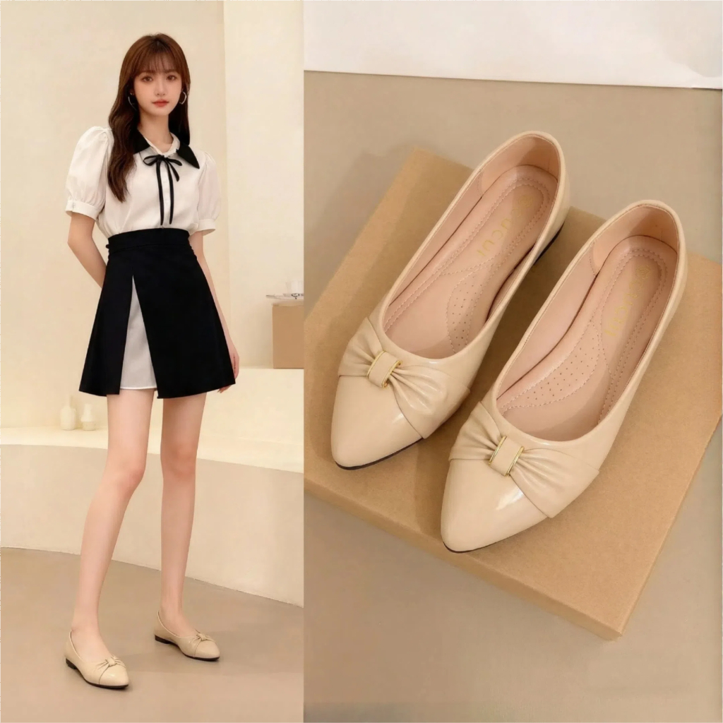 Sepatu flat ujung runcing kulit vernis dengan bros kupu-kupu, elegan dan nyaman