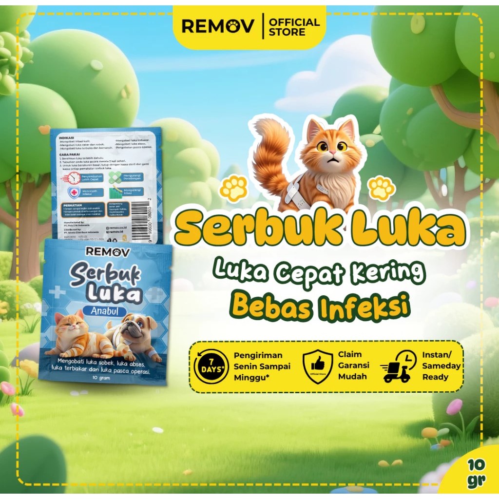 Remov Serbuk Obat Luka Luar Cakar Bernanah Pasca Operasi Antiseptik Antibiotik Kucing Anjing 10gr