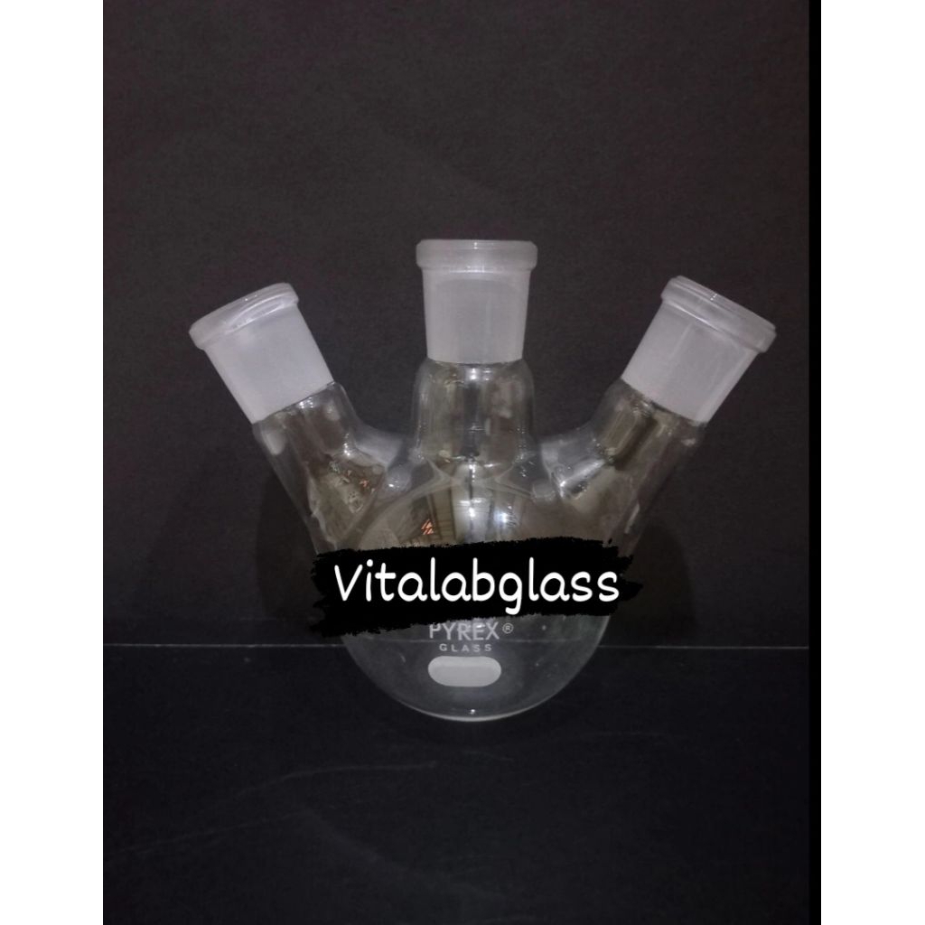 boiling flask/labu didih 300 ml pyrex  trineck leher 3 Ns 29/32 flat bottom