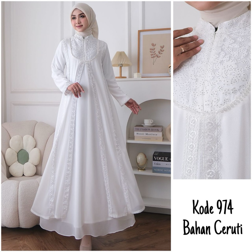 Gamis Putih Donna (974) Baju Muslim Lebaran Haji Umroh brokat simple elegant