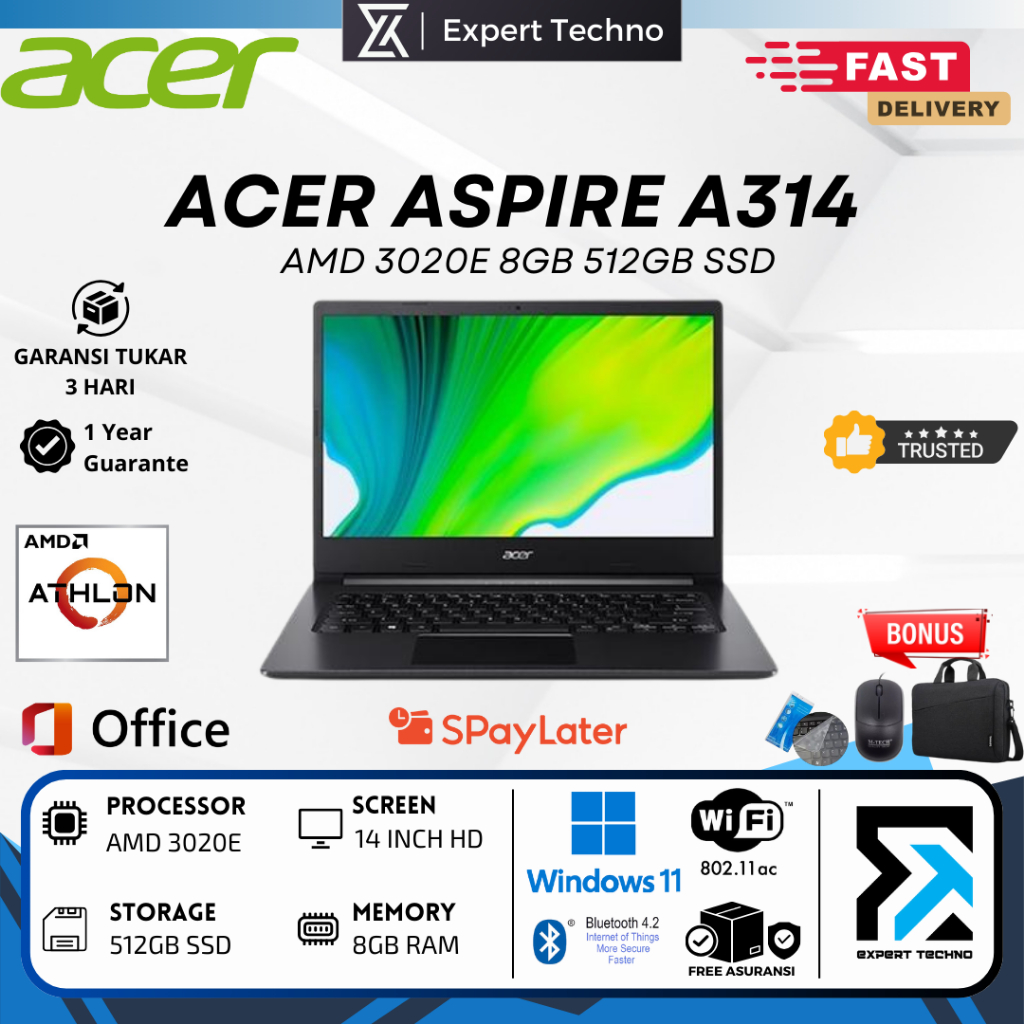 ACER ASPIRE A314 AMD 3020E 8GB RAM 512GB SSD 14 VGA RADEON Windows 11