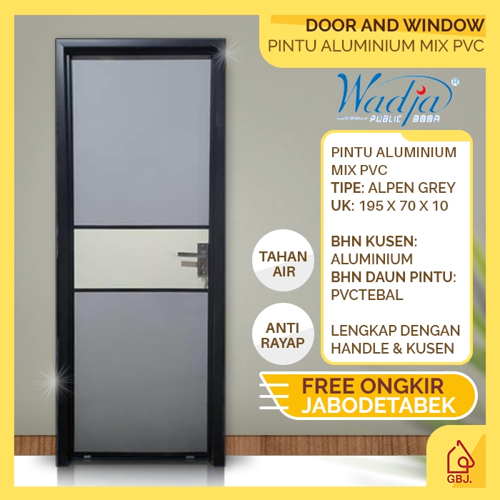 PINTU ALUMINIUM MIX PVC ALPEN WADJA GREY 195 X 70 / PINTU KAMAR MANDI PINTU GUDANG + HANDLE + KUSEN
