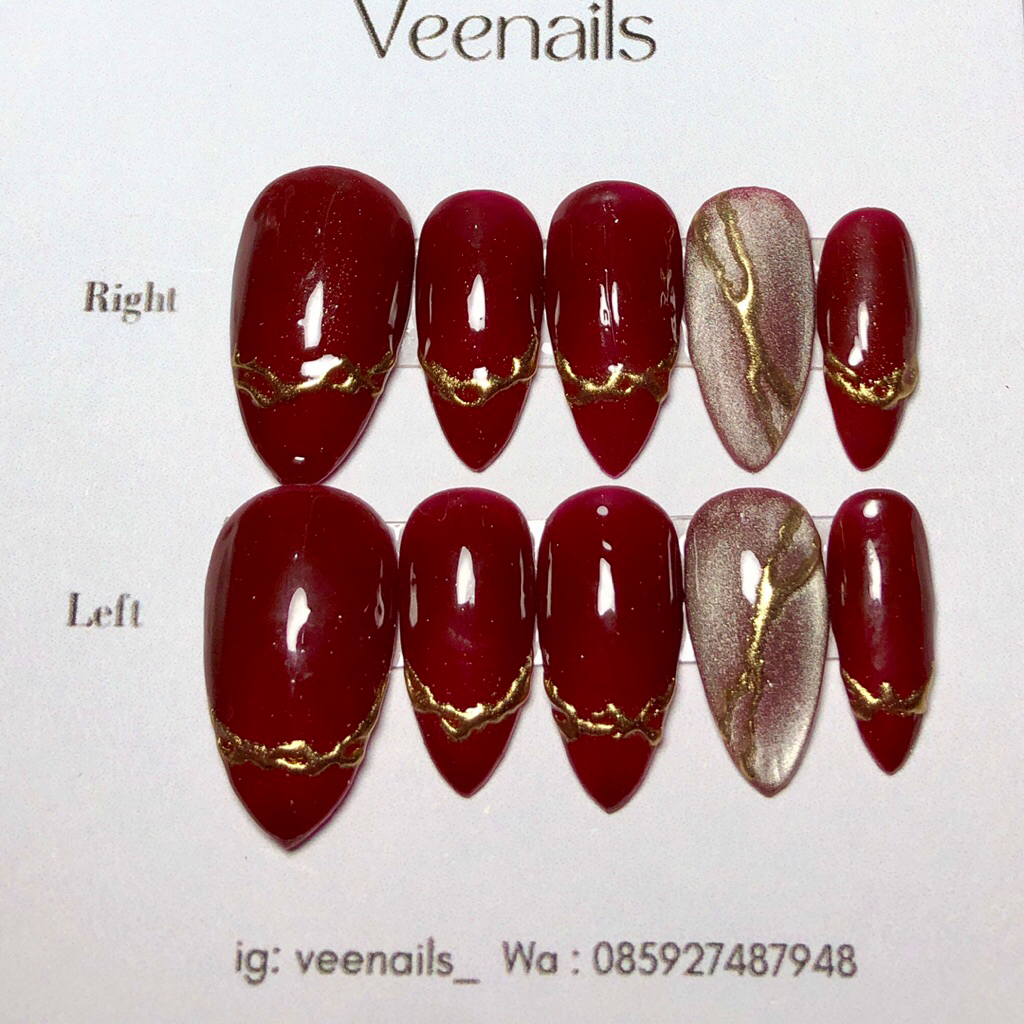 PRESS ON NAILS MAROON CAT EYE CHROME GOLD