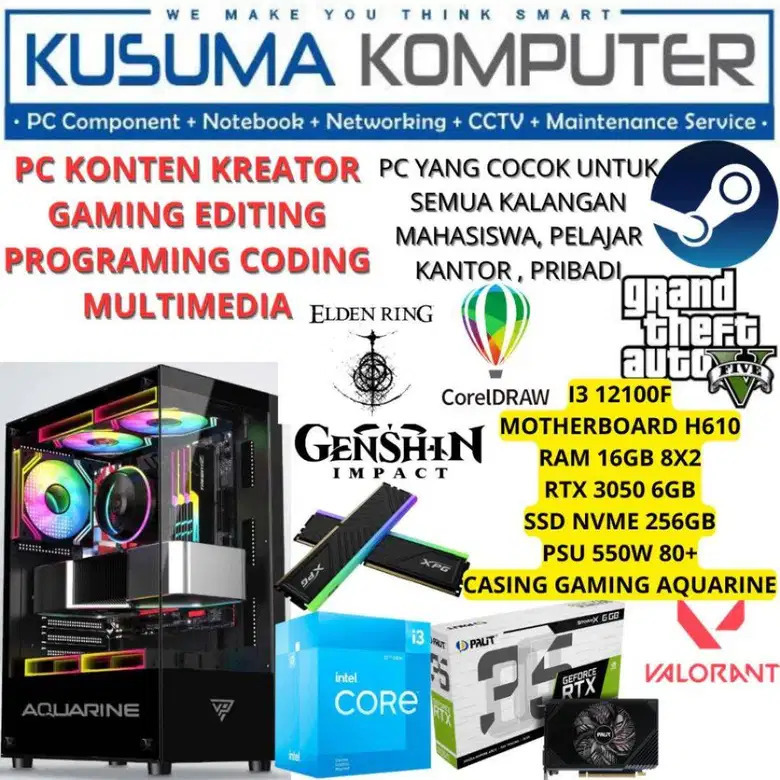 PC Gaming Komputer Rakitan Intel Core i3 12100F RTX 3050