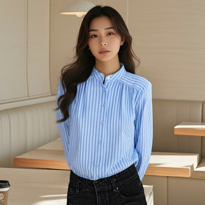 Missshine Kemeja Wanita Blus Atasan Kekinian Warna Biru Motif Stripe Bergaya Korea untuk Gaya Harian