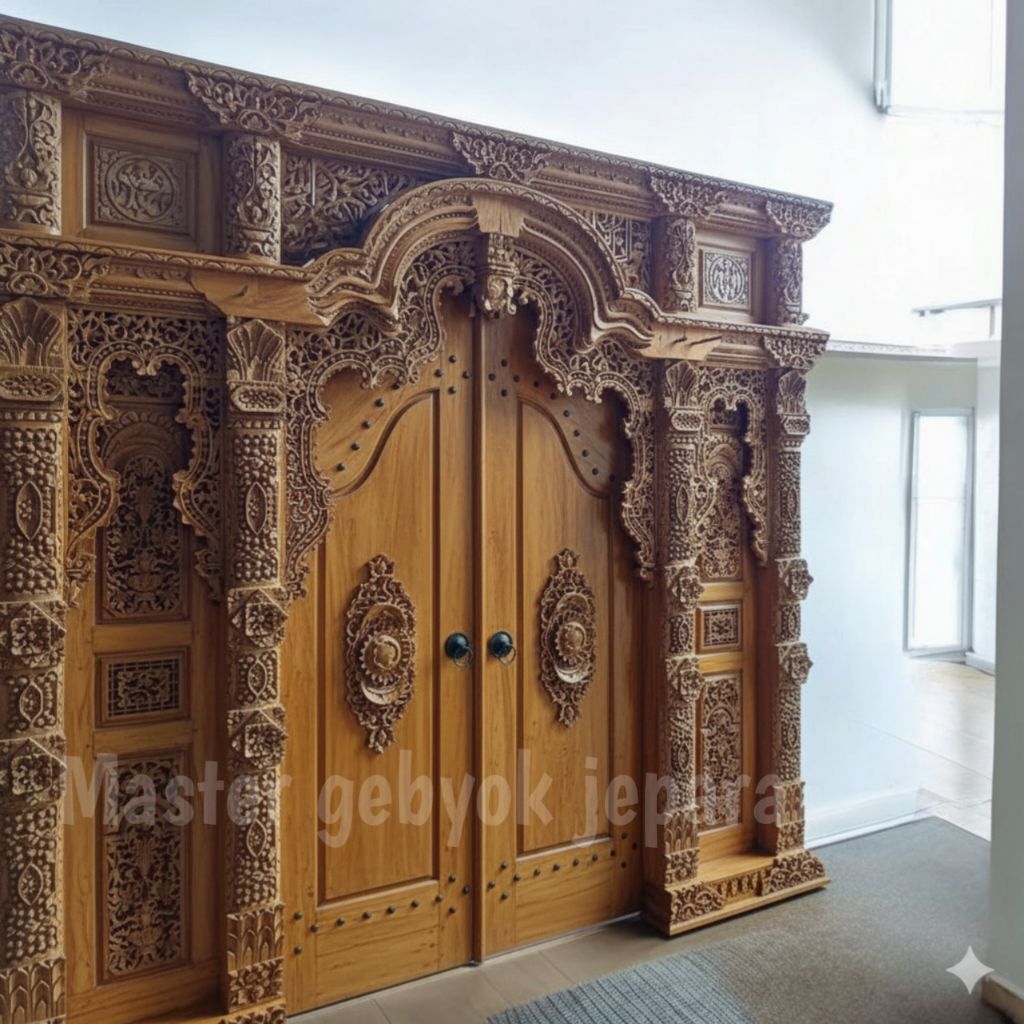 Gebyok ukir pintu tempel motif bunga matahari kayu jati