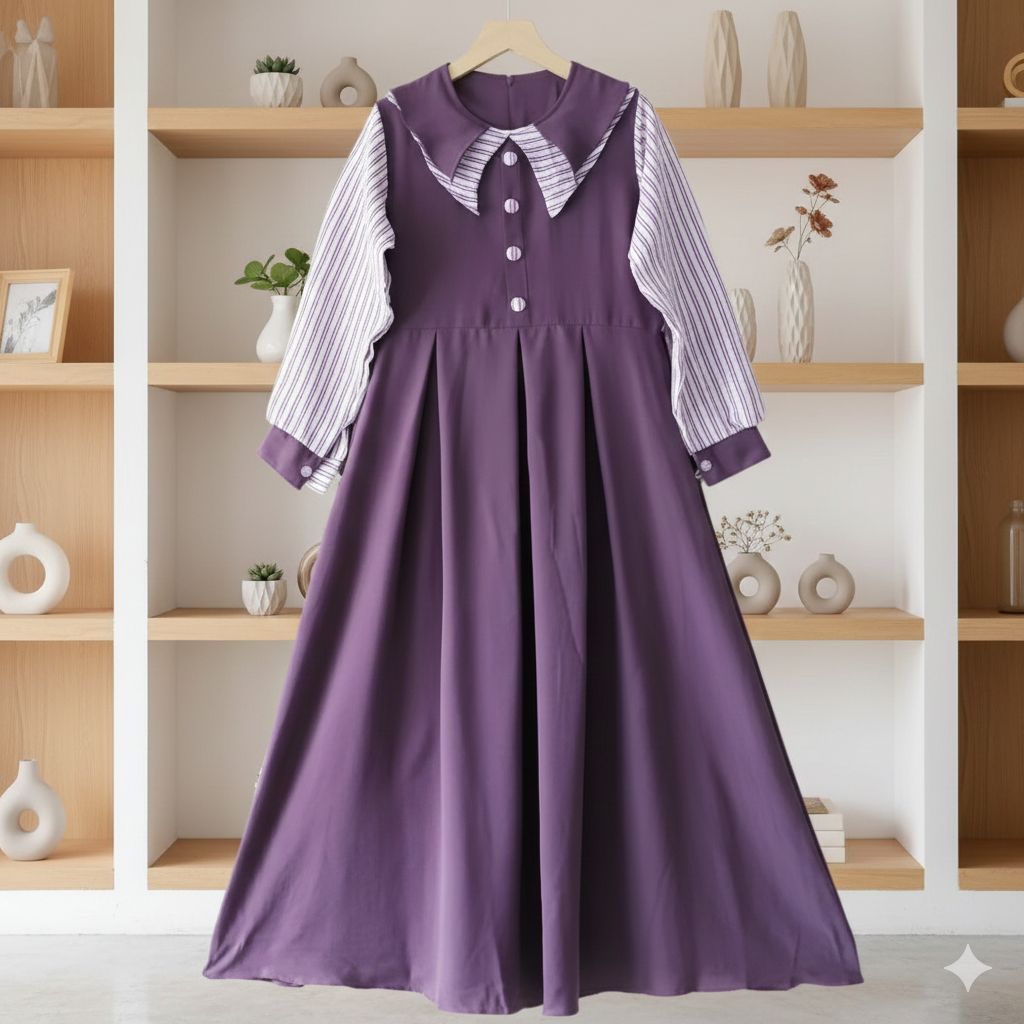 Selena Dress Motif Salur | Dress Gamis Anak Perempuan Tanggung | Pakaian Anak Kekinian/ Gamis Anak L