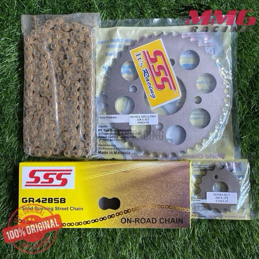 Original Gear Set SSS 428 + Rantai Original SSS 428 SB Untuk Motor Tiger Revo / 2000, Verza, Gl Pro,