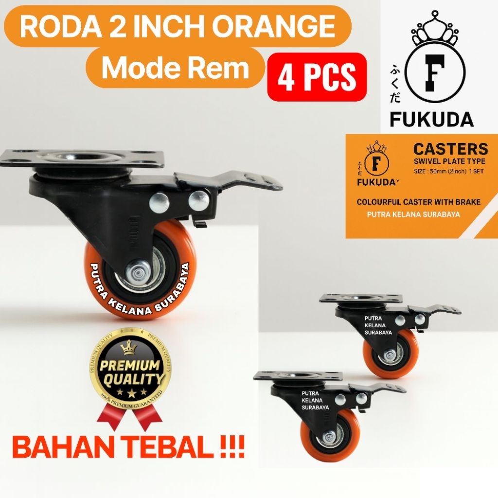 [ 4 PCS ] Roda 2 inch TEBAL Rem Fukuda Orange / Roda Troli 2" inch Rem TEBAL Double Bearing