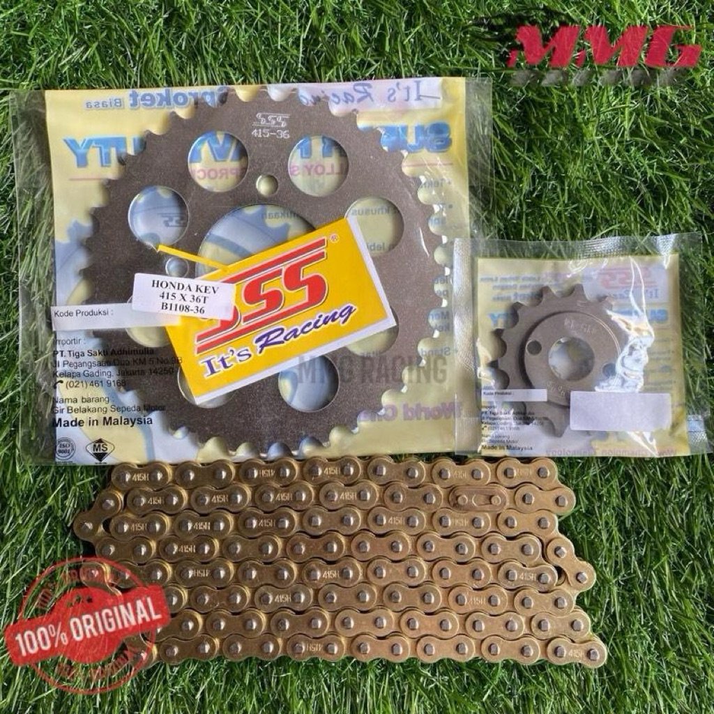 Original Gear SSS Set 415 + Rantai Gold Polos untuk motor Supra Fit Lama, Supra X Lama, Legenda, Ast
