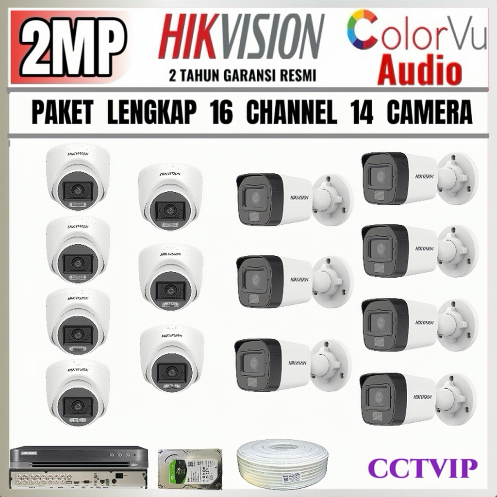 PAKET CCTV HIKVISION 2MP COLORVU AUDIO 16 CHANNEL 14 CAMERA TURBO HD COLORVU AUDIO LENGKAP