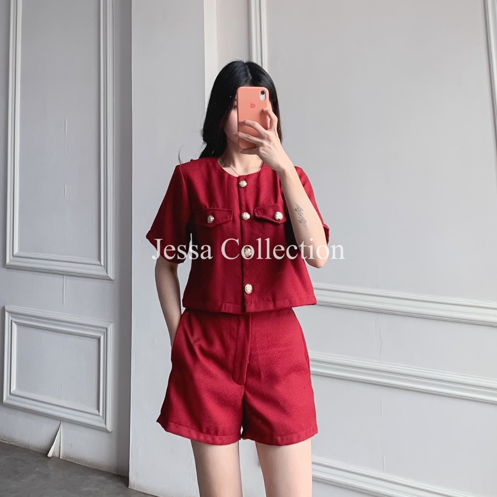 Chani Set VD Setelan Wanita Bahan Tweed Atasan Lengan Pendek Casual Simple