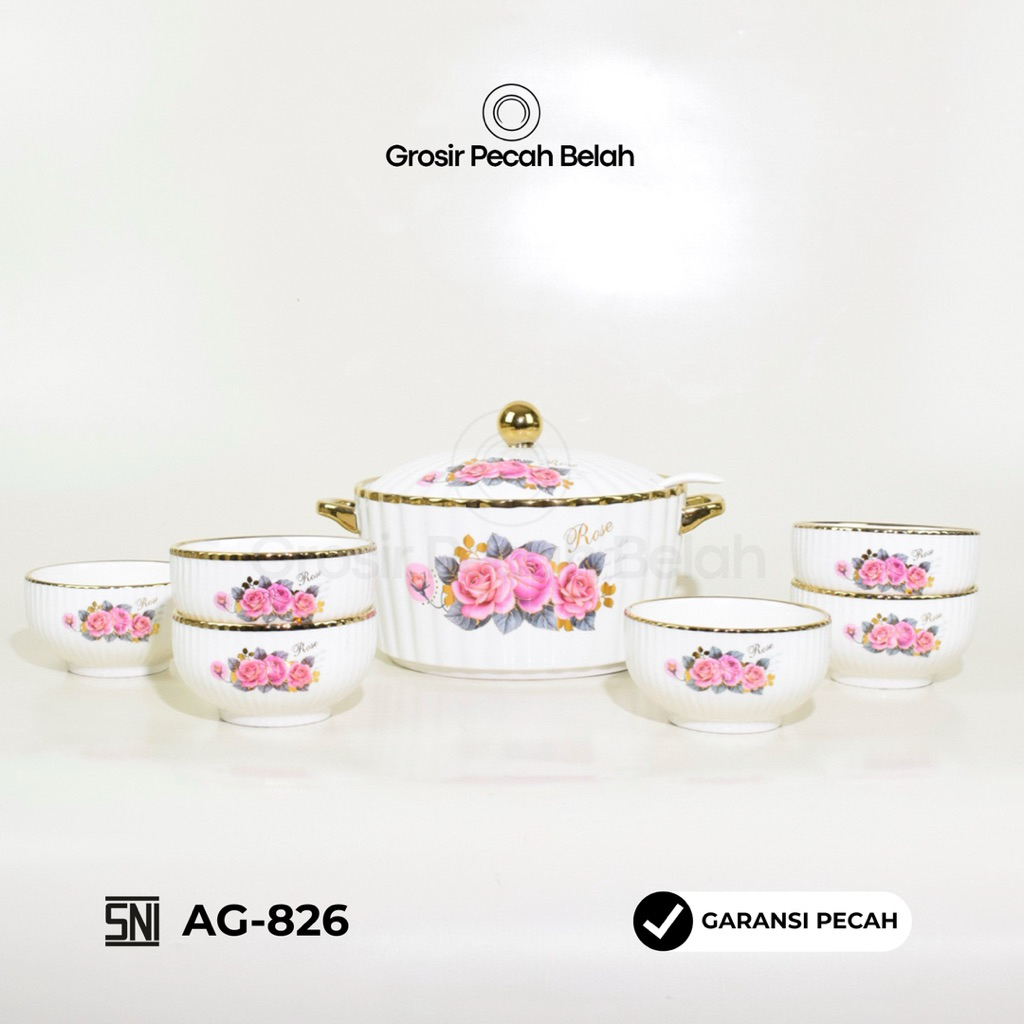 Set Wadah Sayur Keramik Rose + 6 Mangkok & Centong | Tempat Sayur | Wadah Sayur Keramik - Grosir Pec
