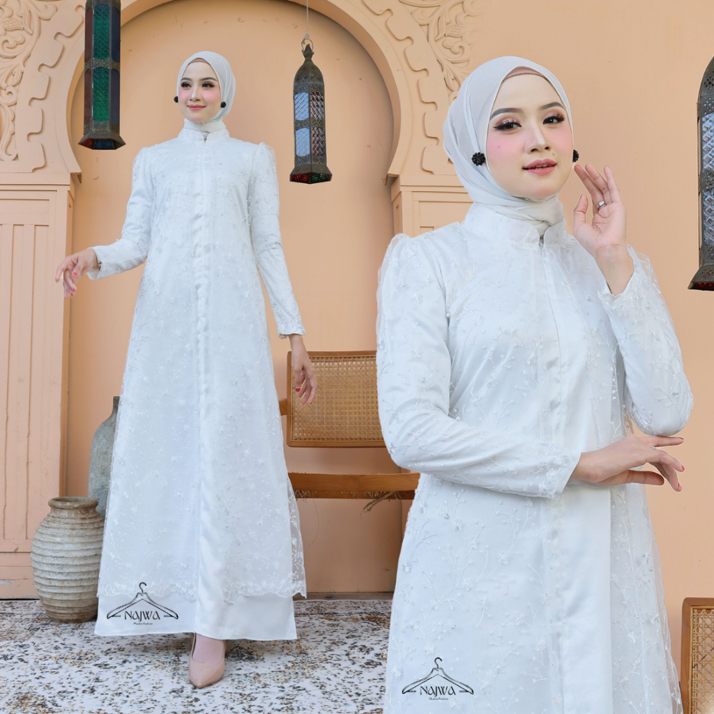 Virelyn Dress Pesta Brokat Putih Premium Elegant Gamis Wanita Muslim Busui Friendly -  Gamis Brokat 