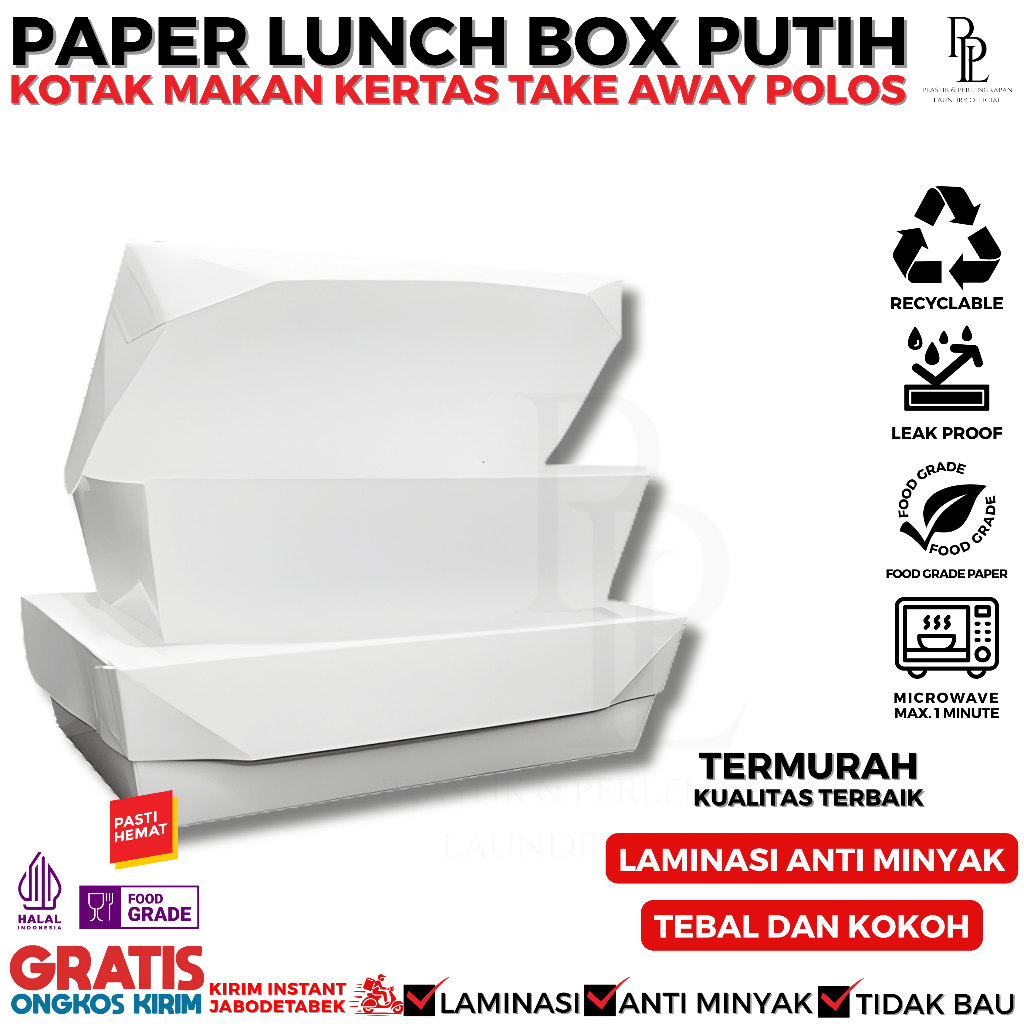 [PUTIH] Paper Lunch Box Polos Ivory Full Laminasi Size M/L | Kotak Makan Kertas Take Away Polos Isi 