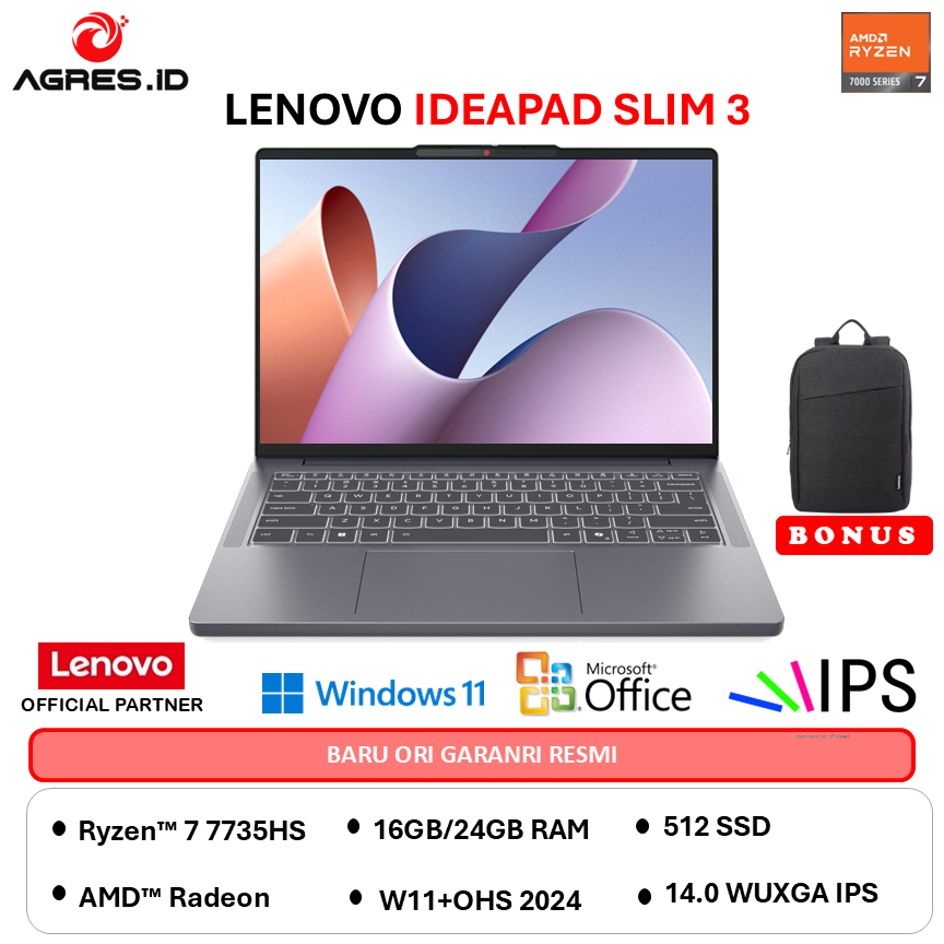 LENOVO IDEAPAD SLIM 3 14 RYZEN 7 7735HS - 24GB 512GB W11+OHS 14.0 WUXGA IPS -5MID