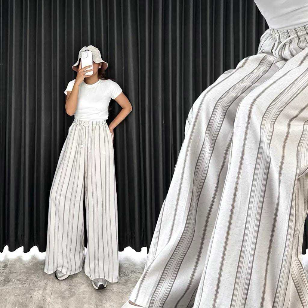 Celana Kulot Wanita Motif Garis Pinstripe | Celana Panjang Baggy Linen Kerja Kantor Kuliah | Everyda