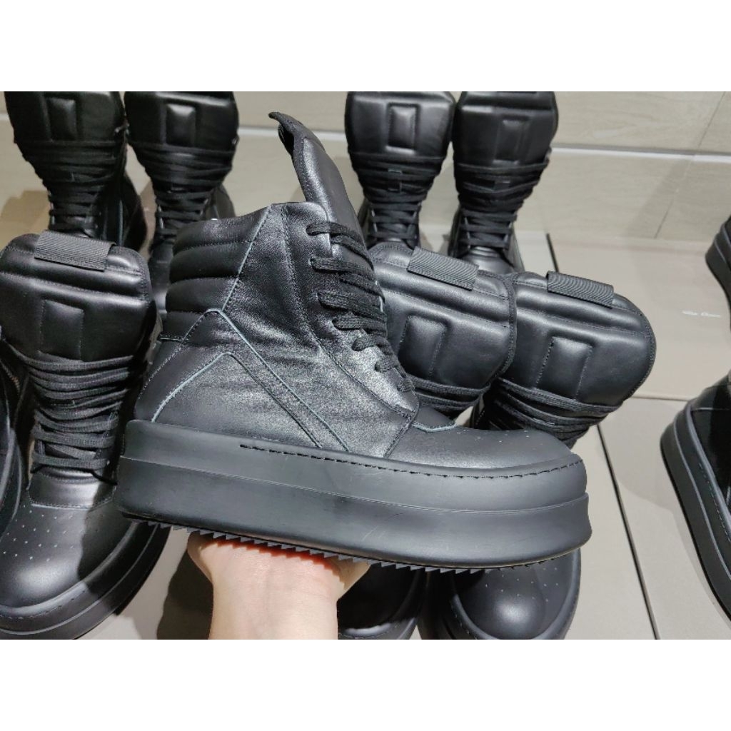 Rick Owens RO DRKSHDW Geobasket Calfskin Leather All Black Double Bumper Authentic GK